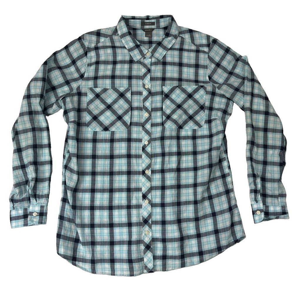 Eddie Bauer Women's L Classic Fit Cotton Blend Plaid Button-Up Shirt Blue White